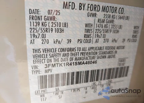 2025 Ford Mustang Mach-E Select z USA, uszkodzony, nr VIN 3FMTK1R41SMA46046